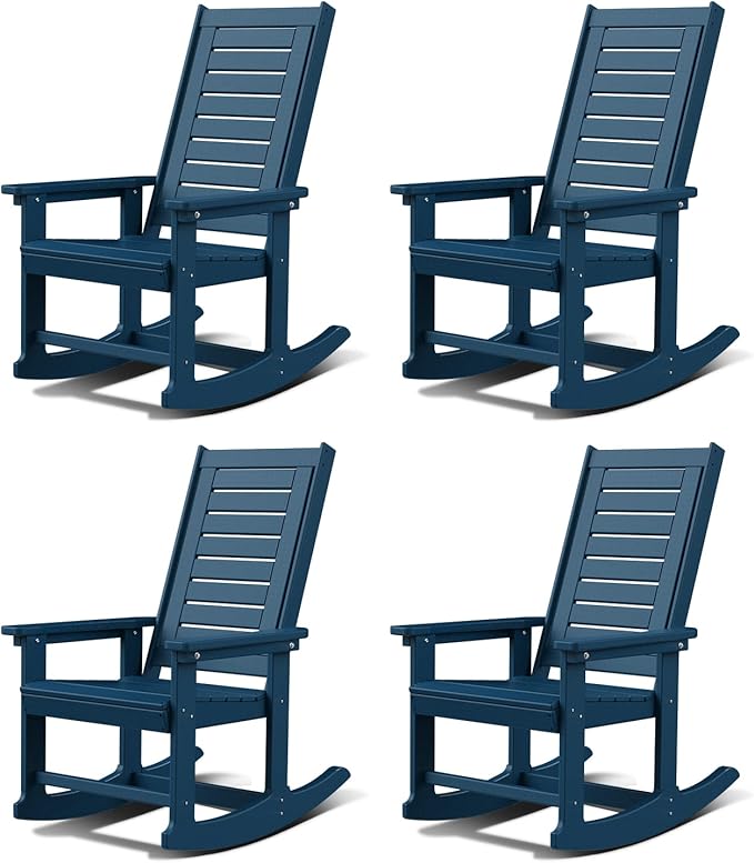 GREENVINES Outdoor Rocking Chairs | Set of 4 | Porch Rocker | HDPE Plastic | Blue | Oversized Rockers | High Back | Big & Tall | Ladder Back | for Patio Outside Backyard Balcony Garden