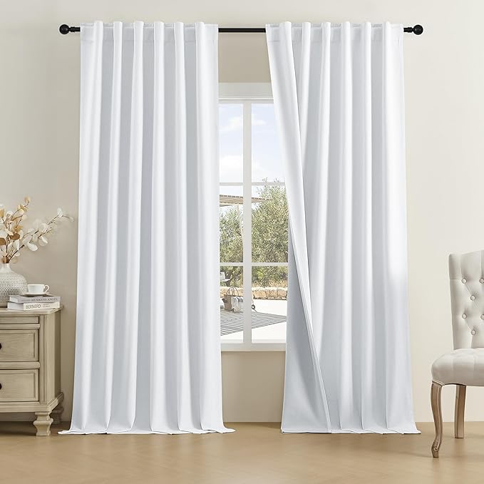 DUALIFE Greyish White Linen 100% Blackout Curtains 96 Inch Long,Light Blocking Privacy Protect for Master Bedroom Living Room Pinch Pleated/Rod Pocket/Back Tab/Hook Belt W50 x L96,Pure White,2 Panels