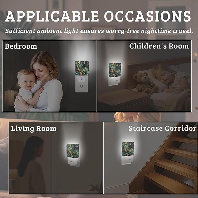 Green Black Marble Night Light, Plug-into Wall Nightlight with Dusk to Dawn Sensor, Energy Efficient Lamp for Bedroom/Bathroom/Kitchen/Hallway/Stairs