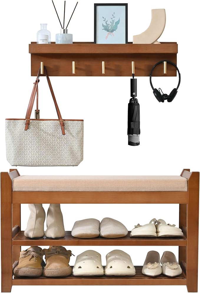 Shoe Rack for Front Door Entrance, 28” Entryway Bench with Coat Rack, Hall Tree Shoe Bench with Storage for Entry, Hallway, Bedroom, Living Room