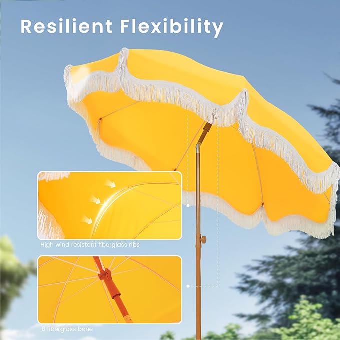 PHI VILLA 7ft Beach Umbrella with Fringe & Sand Anchor, Outdoor Patio Heavy Duty Windproof Portable Tassel Umbrellas for Sand with Push Button Tilt & Carrying Bag, UPF 50+, Yellow