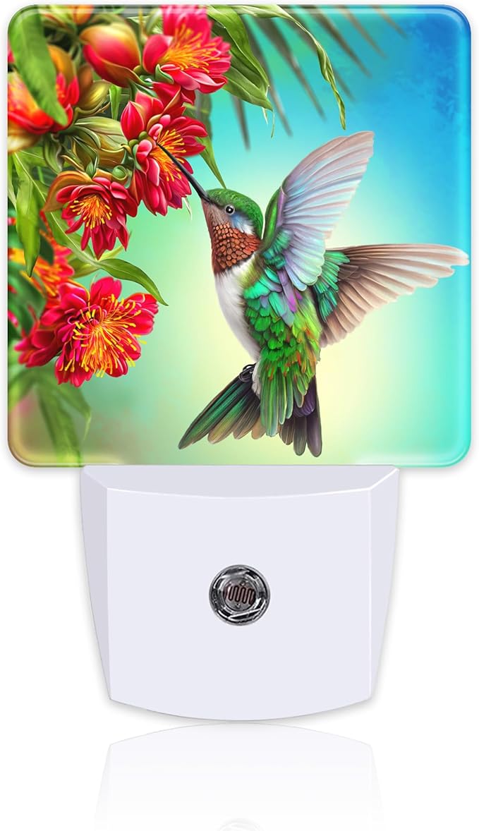 Hummingbird with Flowers Night Light for Kids,Red Tropical Floral Leaves Hummingbird Night Light Plug in with Dusk to Dawn Sensor,0.5w Energy Saving Nightlight for Hallway Stairway Kitchen Bedroom