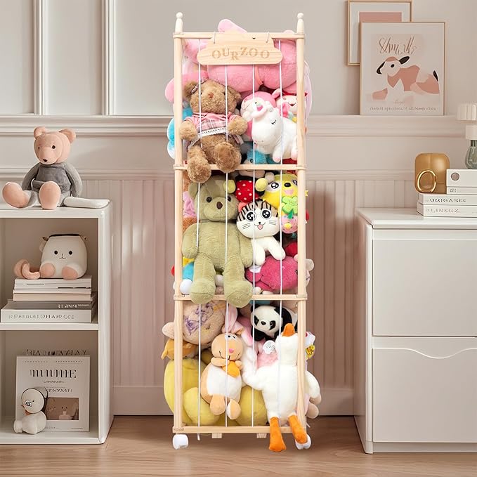 Stuffed Animal Storage Organizer, Zoo Toy Storage Holder with Wheels, Extra Large Capacity Wooden Stuffed Animals Storage Cage, Soft Toy Stuffed Animal Holder Tower for Nursery Playroom Bedroom