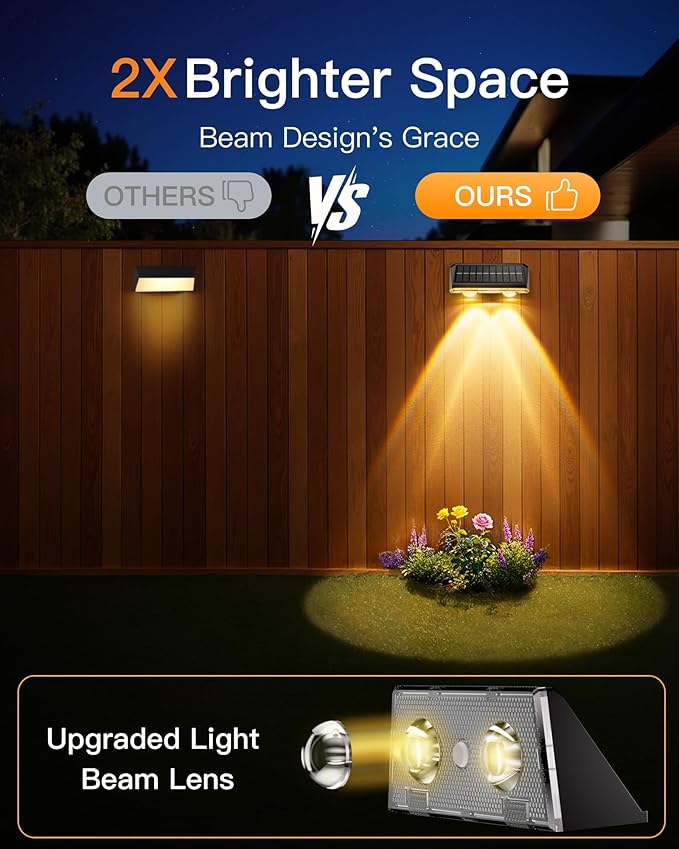 Solar Fence Lights Outdoor, 2 Pack IP65 Waterproof Fence Lights Solar Powered with Ultra-Bright LED Lens, 9 Color Modes, 12+ Hours Steady Glow for Deck/Backyard/Patio/Pool/Wall - Pure Black
