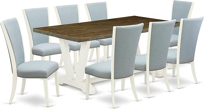 East West Furniture V077VE215-9 9 Piece Dining Room Furniture Set Includes a Rectangle Dining Table with V-Legs and 8 Baby Blue Linen Fabric Upholstered Chairs, 40x72 Inch, Multi-Color