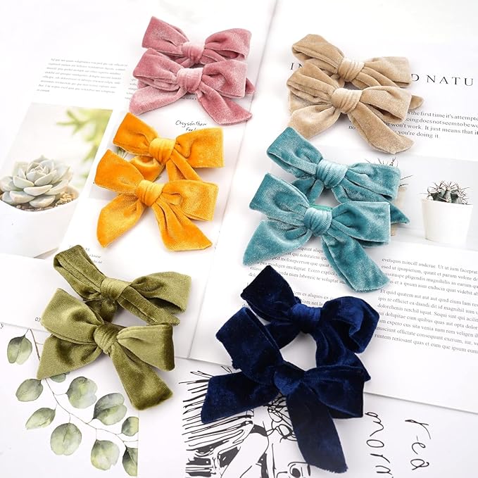 Yxiang 24PCS Velvet Hair Clips and Barrettes for Baby Girls, 4 inches Hair Bows Fully Lined Non Slip Barrettes Christmas Hair Accessories for Toddler Kid Little Girl (12 Pairs)