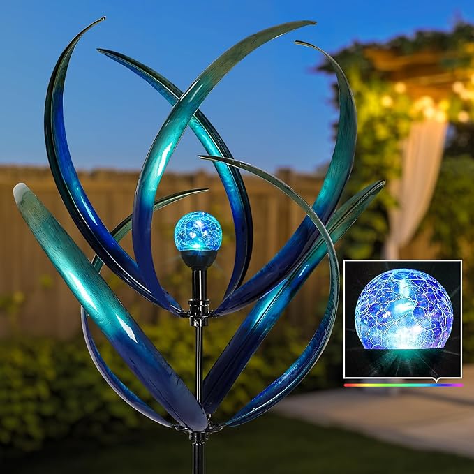 Outdoor Wind Spinners with Solar Light, 82'' Metal Large Spinner Yard Art, Peacock Blue Wind Sculptures for Garden Lawn Patio, Gifts for Family