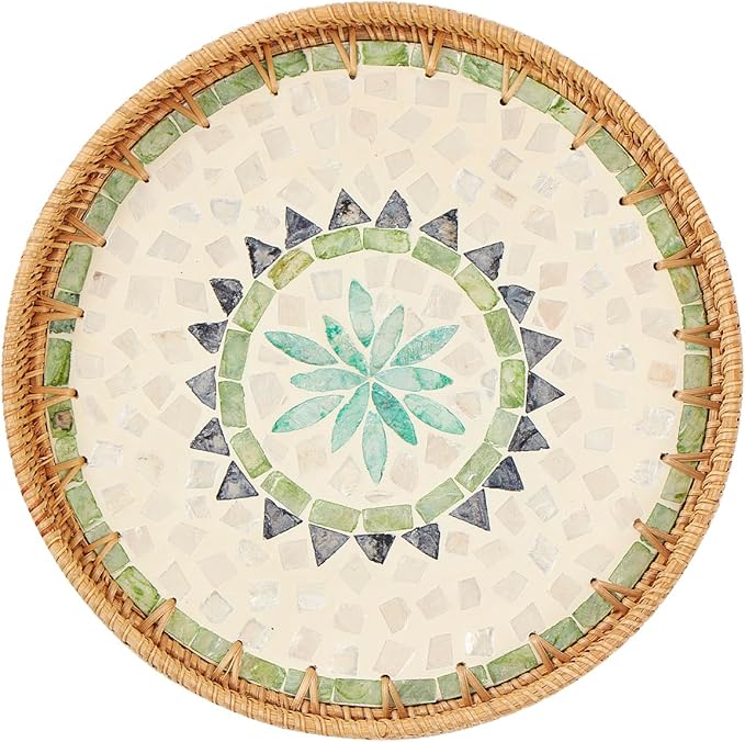 Round Rattan Tray with Mother of Pearl Inlay, Rattan Serving Tray with Wooden Base, Decorative Wicker Basket for Table Decor, Storage and Display of Coffee Bread Food Fruit (Bohemia)