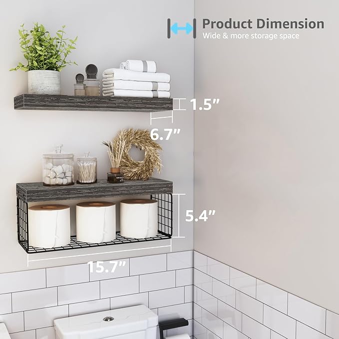 QEEIG Bathroom Shelves Over Toilet - Wall Mounted Floating Shelves Toilet Paper Storage Small Farmhouse Decor Shelf 16 inch Set of 2, Grey (019-GY2)