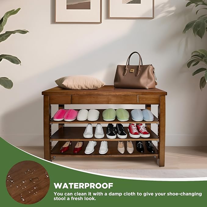 Wood Shoe Bench Entryway with Drawer: 3-Tiers Wooden Storage Shoe Rack with Bench Seat, Compact Mid-Century Modern Design for Entryway,Hallway,Closet,Front Door Entrance,Foyer Walnut 31.5"