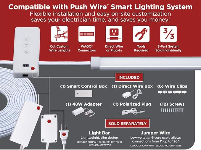 BLACK+DECKER PureOptics Professional PUSH WIRE Matter Certified Smart Under Cabinet Lighting 2-in-1 Power Kit, 48W Plug-in and Direct Wire, Smart Control Box, Works with Alexa, Apple Home, Google Home