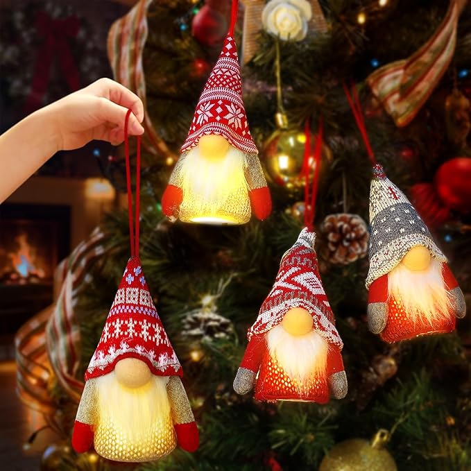 Christmas Gnome Ornaments, 4 Pack Christmas Tree Decorations Handmade Swedish Santa Gnomes Ornaments Lights Scandinavian Plush Elf Table Home Decor, Christmas Tree Hanging Decoration