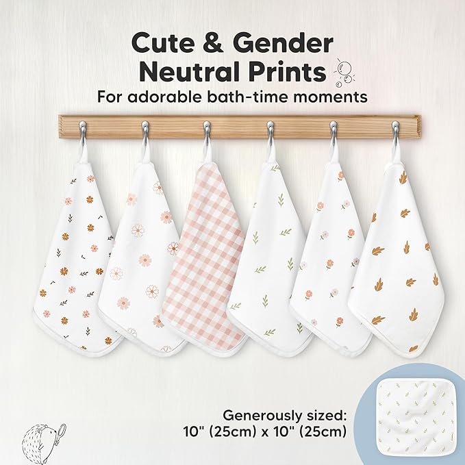 6-Pack Cotton Baby Washcloths for Newborn - Organic Cotton Muslin Soft Wash Cloths for Babies, Infant, Kids, Toddler Towels for Boy, Girl, Super Absorbent Face Cloths, Scratch-Free Baby Rags (Petals)
