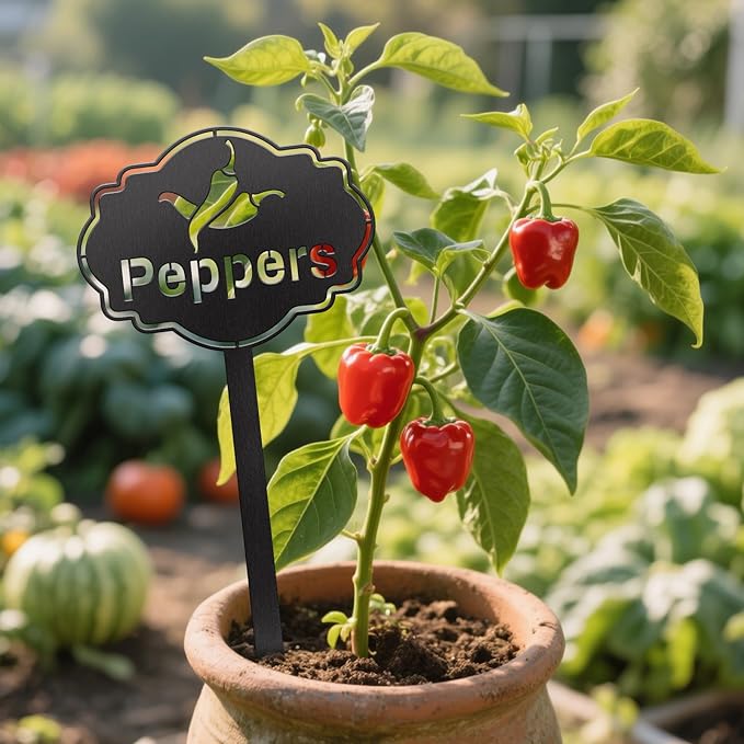 CUTHOLLOW Metal Plant Marker Stake Peppers for Outdoor Indoor, Waterproof 11.8 inch Cute Garden Plant Labels Sign Tag for Vegetables, Farmhouse Greenhouse Decor - Funny Gardening Gifts