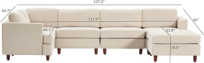 127.5" L/U-Shaped Sectional Couch with Movable Ottoman & 6 Removable Back Cushion, Corduroy Fabric Upholstered 6 Seat Modular Sleeper Sofa,DIY Free Combination Couches for Living Room,Beige