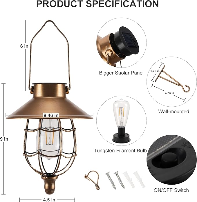 Solar Lanterns Outdoor Hanging Metal Vintage Lantern Warm White Solar Lights lamp Waterproof Edison Bulb Design for Pathway Garden Patio Yard Tree Decoration (2 Pack Copper)