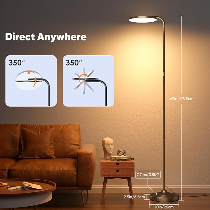 SIBRILLE 36W LED Floor Lamp, Super Bright Standing Lamp, Modern Stepless Dimmable Torchiere Tall Lamp with Remote Control, 350°Rotating Head Reading Floor Lamp for Living Room, Bedroom, Office