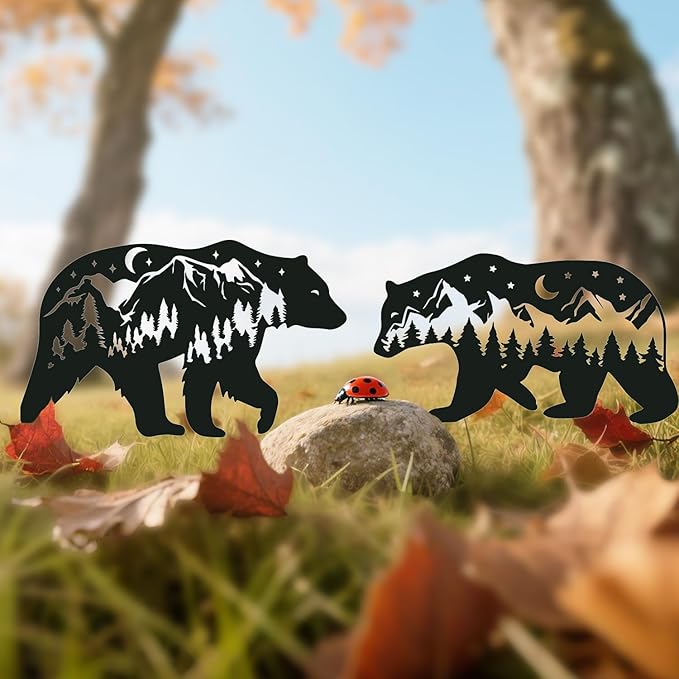 Bear Metal Garden Stakes Yard Decor, 3PCS Bear Black Silhouette Outdoor Garden Decor for Yard Art, Outside, Lawn Ornaments