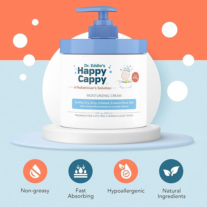 Happy Cappy Moisturizing Cream - Baby Cream for Eczema-Prone Skin, Dry Skin Lotion for Infants, Toddlers & Kids, Pediatrician-Formulated, Gentle, Paraben Free, Hypoallergenic, Sulfate Free - 12 fl oz