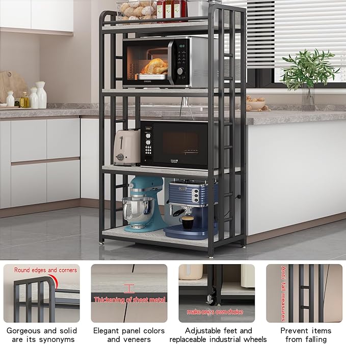 Adjustable 4-Tier Heavy Duty Kitchen Baker's Rack with Power Outlet, with Industrial Wheels, Free Standing Microwave Oven Cart Stand for Storage in Living Room, Garage, Greige