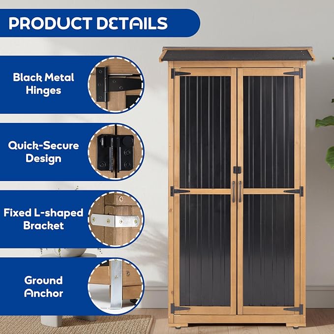 Outdoor Storage Cabinet Weather-Resistant, Wood & Metal Storage Shed with 3 Removable Shelves, Waterproof Roof, Adjustable Feet, Patio Storage Cabinet Outside for Garden Garage Backyard Pool