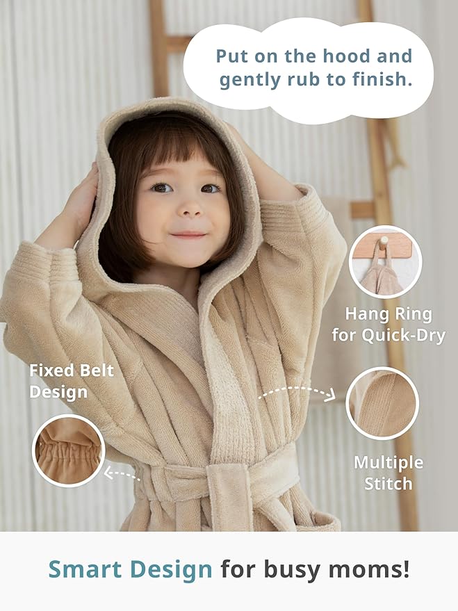 Konny Kids Bathrobes, Hooded Towel, Oeko-TEX Certified Bathrobes, Ultra Soft, Quick-Dry Washcloth for 3-5Y Baby Boys & Girls