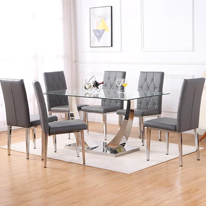 Modern Dining Table for 6, Glass & PU Leather 6-Chair Set, Silver U-Shaped Legs
