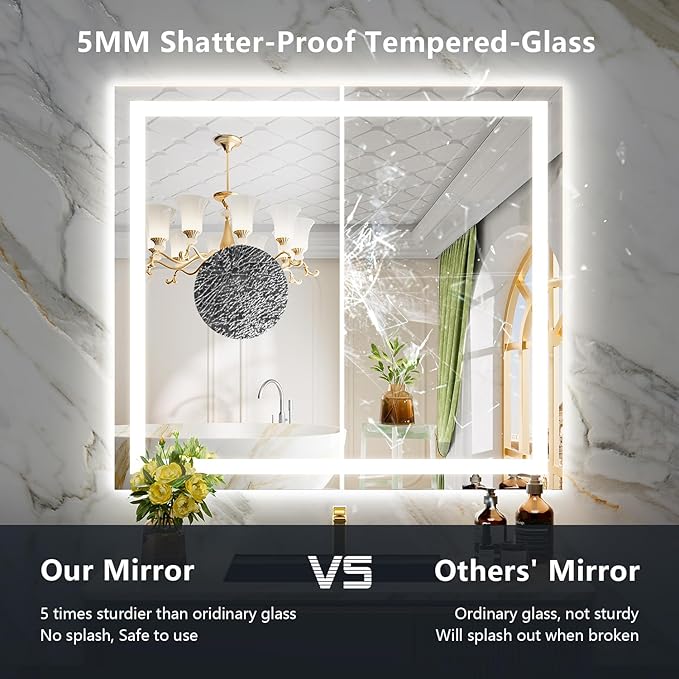 40x36 Inch LED Bathroom Mirror with Lights Front and Backlit Lighted Vanity Mirror for Bathroom Wall with 3 Colors Dimmable Anti-Fog Memory Shatter-Proof IP54 Waterproof Horizontal/Vertical