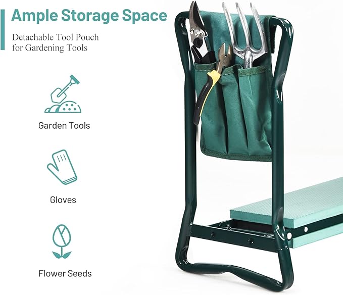 2-in-1 Garden Kneeler & Seat, Folding Seat w/EVA Foam Kneeling Pad & Removable Tools Pouch, Sturdy Steel Frame, No Assembly, Portable Heavy Duty Garden Stool for Women & Men