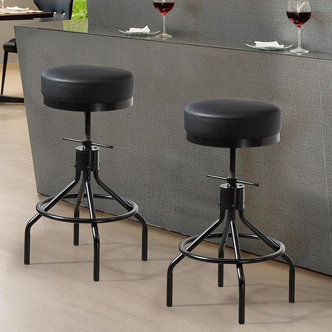 Counter Height Bar Stools Set of 2 Adjustable Swivel Barstools Modern PU Leather 28inch Round Backless Metal Industrial Stool Bar Chair for Kitchen Island (2, Black)