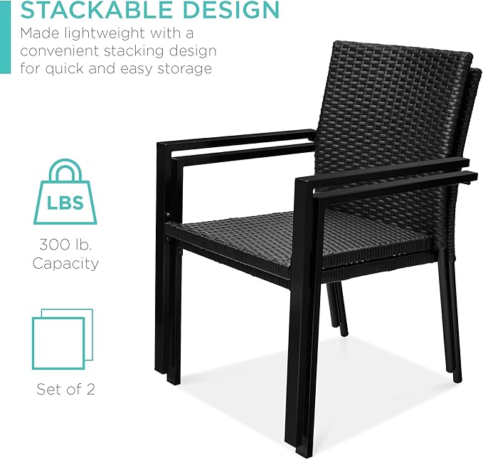 Best Choice Products Set of 2 Stackable Outdoor Wicker Dining Chairs All-Weather Firepit Armchair w/Armrests, Steel Frame for Patio, Deck, Garden, Yard - Black