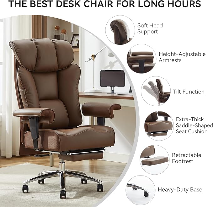 Big and Tall Ergonomic Office Chair 450LBS with Foot Rest, High Back PU Leather Executive Chair with Adjustable Padded Armrests, Lumbar Support for Home or Work, Heavy Duty Computer Chair, Brown