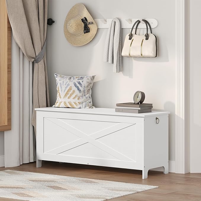 43.3" Toy Chest, Sturdy Entryway Storage Chest with Safety Hinges, Retro Toy Box, Wooden Look Accent Furniture for Living Room, Bedroom, White SCWT48501
