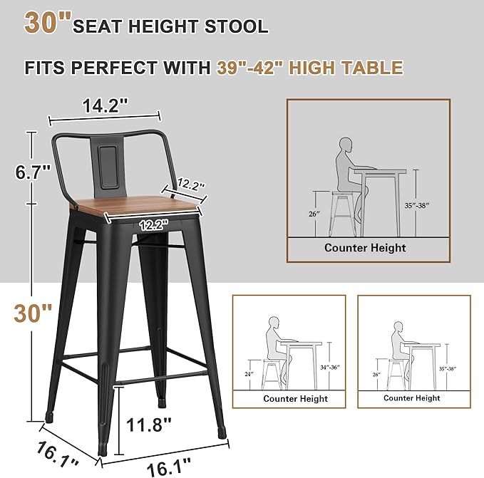 30 Inch Swivel Bar Stools Set of 4 with Backs Counter Height Industrial Metal Barstools Island Bar Chairs for Home Kitchen Dining Room (Swivel 30 inch,Matte Black Wooden)