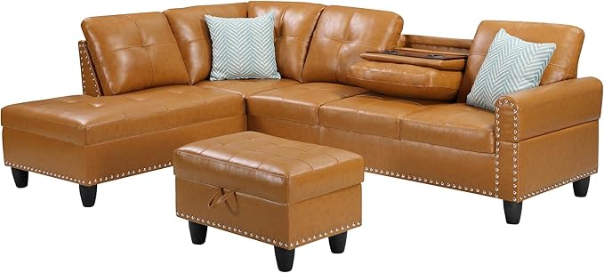 98 Inch L Shaped Sectional Sofa with Chaise Lounge, Storage Ottoman and 2 Pillows, 4-Seaters Faux Leather Upholstered Tufted Couch w/Cupholder & Nailhead Trim for Living Room, Office, Ginger