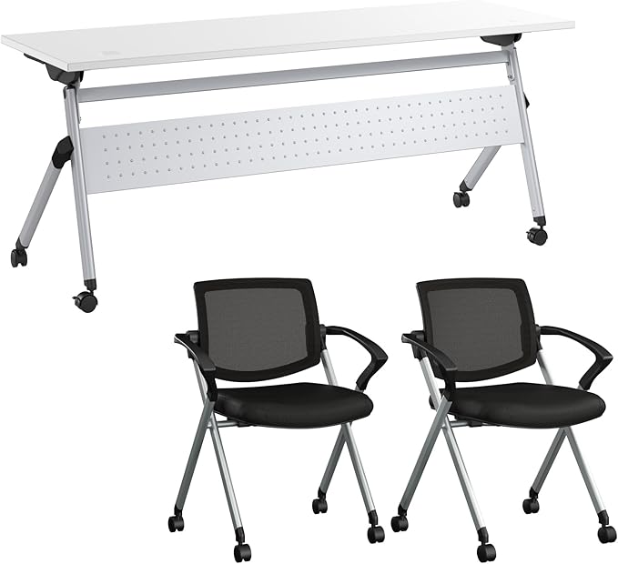 Bush Business Furniture Folding Training Table Set for 2, 72 inch, 2 Mesh Back Folding Chairs with Arms, Commercial-Grade Bundle for Office or Classroom, Envision Collection, White