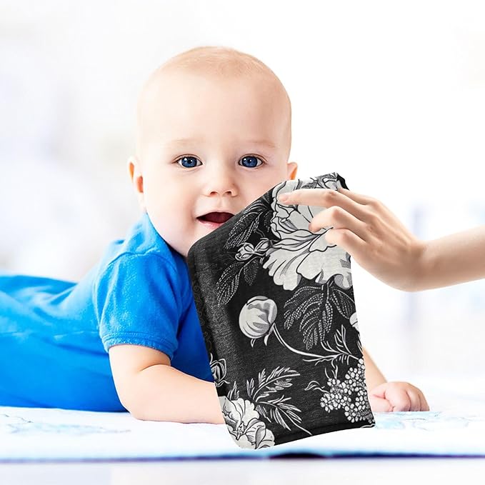White Flowers Black Baby Washcloths - 5 Pack Muslin Cotton Face Towels for Baby Newborn Girls and Boys - Soft and Absorbent - 11.8 Inch