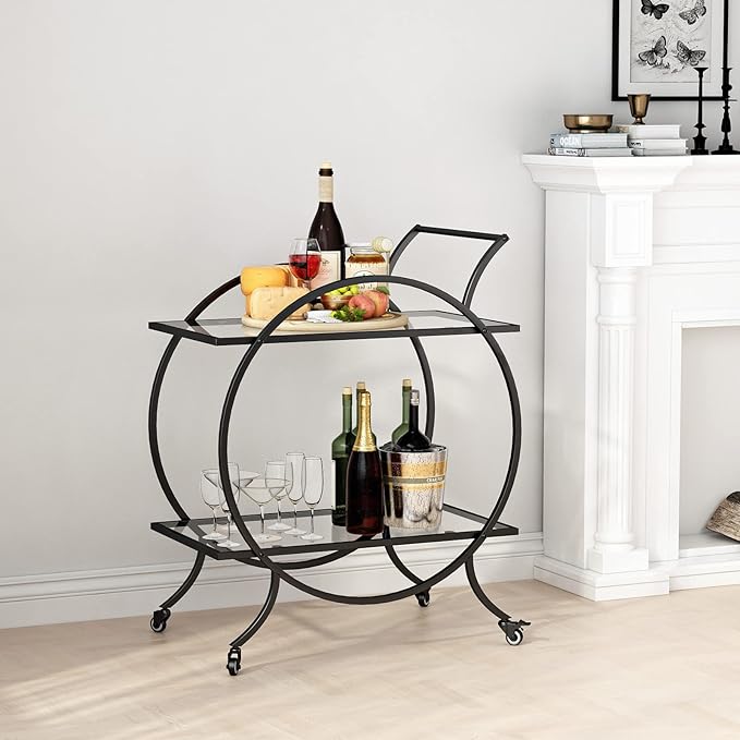 Industrial Bar Carts for The Home Bar Serving Cart, Rolling Bar Cart Black with Lockable Caster Wheels, Glass Bar Carts with 2 Mirrored Shelves, Storage Wine Carts for Kitchen, Party