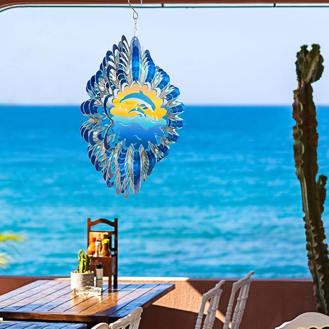Animated Dolphin Wind Spinner | 3D Holographic Stainless Steel Kinetic Wind Spinners, Magical Dolphins Leaping Illusion, Outdoor Yard Art Garden Decor, Gift for Ocean Lover