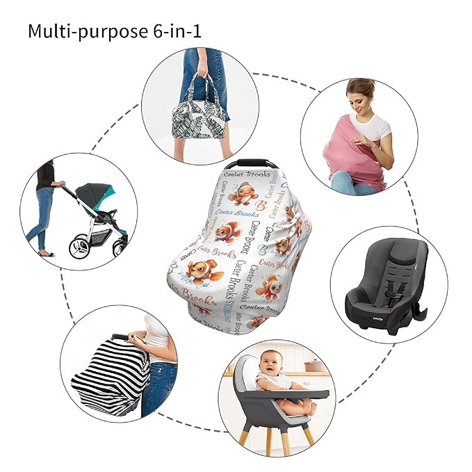 Personalized Baby Car Seat Cover with Name Stroller Canopy Custom Clownfish Carseat Cover Newborn Baby Boy Girl Nursing Cover for Moms First Birthday Gift