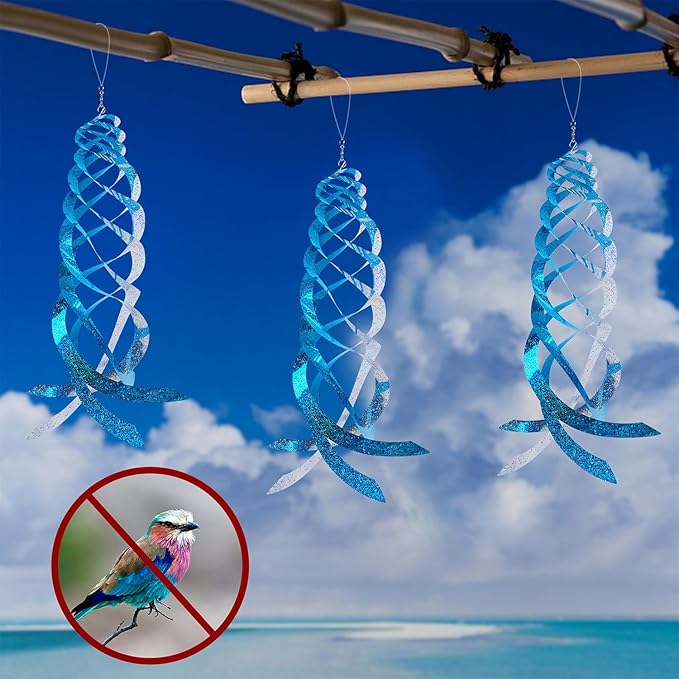 Hausse Bird Repellent Spiral Reflectors Blue Mylar Spinner, Hanging Reflective Bird Deterrent Device, Garden Decorative Scare Birds Away, Like Woodpeckers, Pigeons and Geese, 3 Pack
