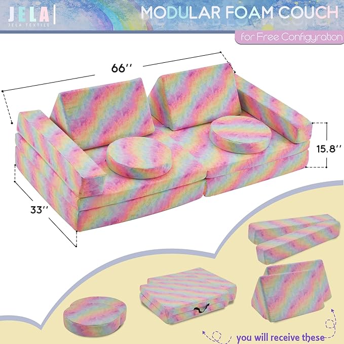 jela Kids Play Couch Castle Extended Size 10PCS with futons, Floor Sofa Modular Furniture for Kids and Adults, Foam Play Couch, Modular Play Sofa Set（Rainbow）