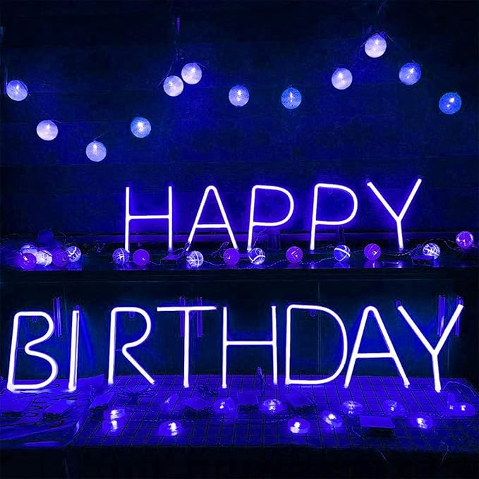 LED Blue Neon Letter Signs Words Alphabet Letter Sign Battery/USB Operated LED Marquee Word Lamps Party Accessories Wall Hanging Decor for Birthday Wedding Party Bar Bedroom (O)