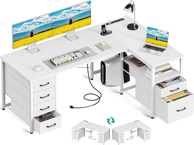 Coleshome L Shaped Computer Desk with 6 Drawers & Power Outlet, 55 Inch Corner Desk with Reversible Storage Shelf & File Drawer, Home Office Desk, White