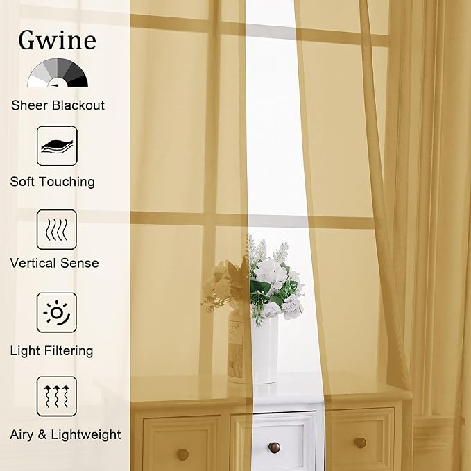 Gwine Gold Sheer Curtains 63 Inch Length for Living Room 2 Panels, Light Filtering Rod Pocket Window Curtain Treatment for Bedroom, Voile Elegant Sheer Drapes，Each 42" Wx63 L, Gold