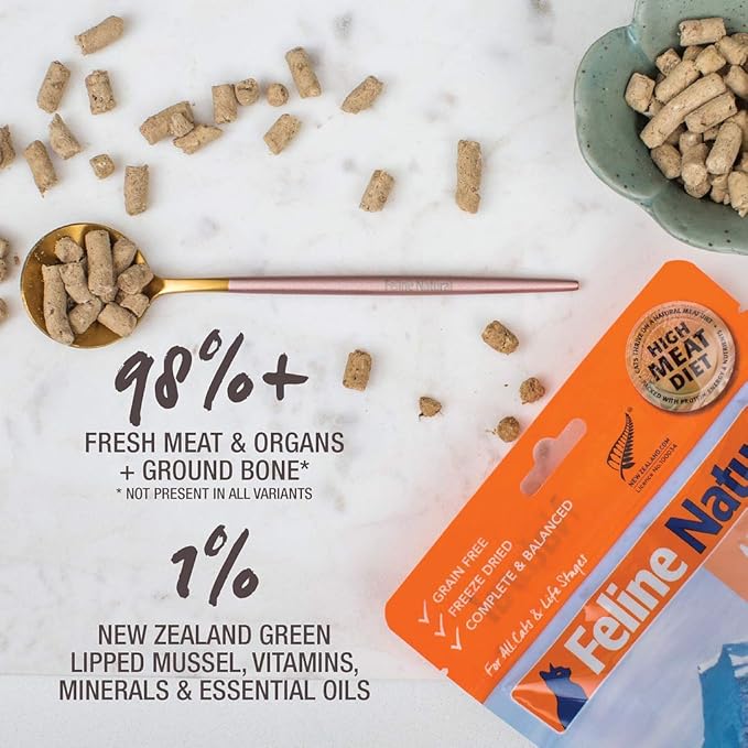 Feline Natural High Protein Dry Cat Food, Freeze-Dried Diet with 98% Meat, Organs & Seafood, No Peas, Grains, or Artificial Additives, Made in New Zealand, Chicken & Lamb, 11oz