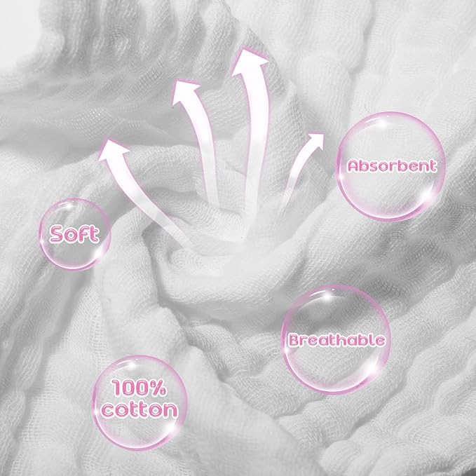 Breling 20 Pcs Baby Muslin Washcloth 12 x 12 Inch 100% Cotton Soft and Absorbent Muslin Washcloth Burp Cloth Wipe Newborn Face Towel for Baby Boy Girl Sensitive Skin(White)