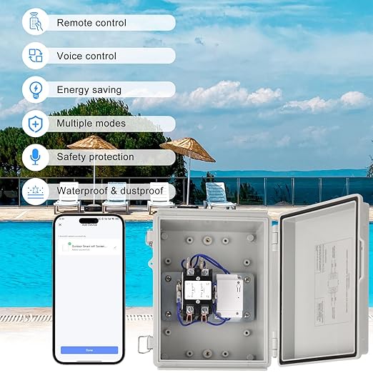 Outdoor Smart WiFi Outlet Box, Zuomeng Heavy Duty 50A Resistive 240VAC 40A 10HP Wireless Pool Pump Heater Control, Remote & Voice Control, Compatible with Smart Life Alexa Google Home