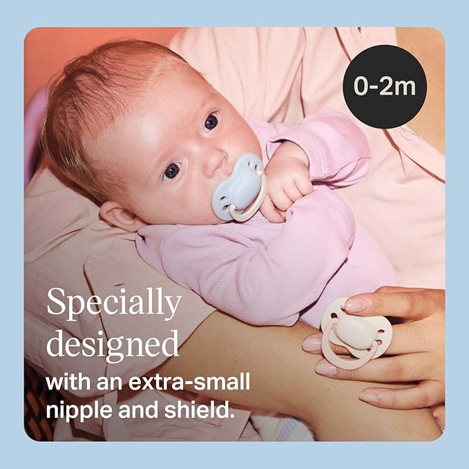 Tommee Tippee Ultimate Fit Newborn Pacifiers, 0-2 Months, Extra Air Holes, Symmetrical Nipple and Shield, 100% BPA Free Silicone, Dishwasher & Sterilizer Safe, Summer Clouds and New Dawn, Pack of 4