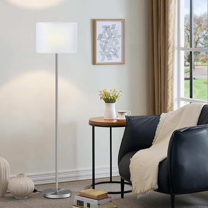 Ambimall 60'' Modern Floor Lamp with Shade, Tall Lamps for Living Room, Bedroom, Office, Dining Room, White Shade with Silver Pole(Without Bulb)